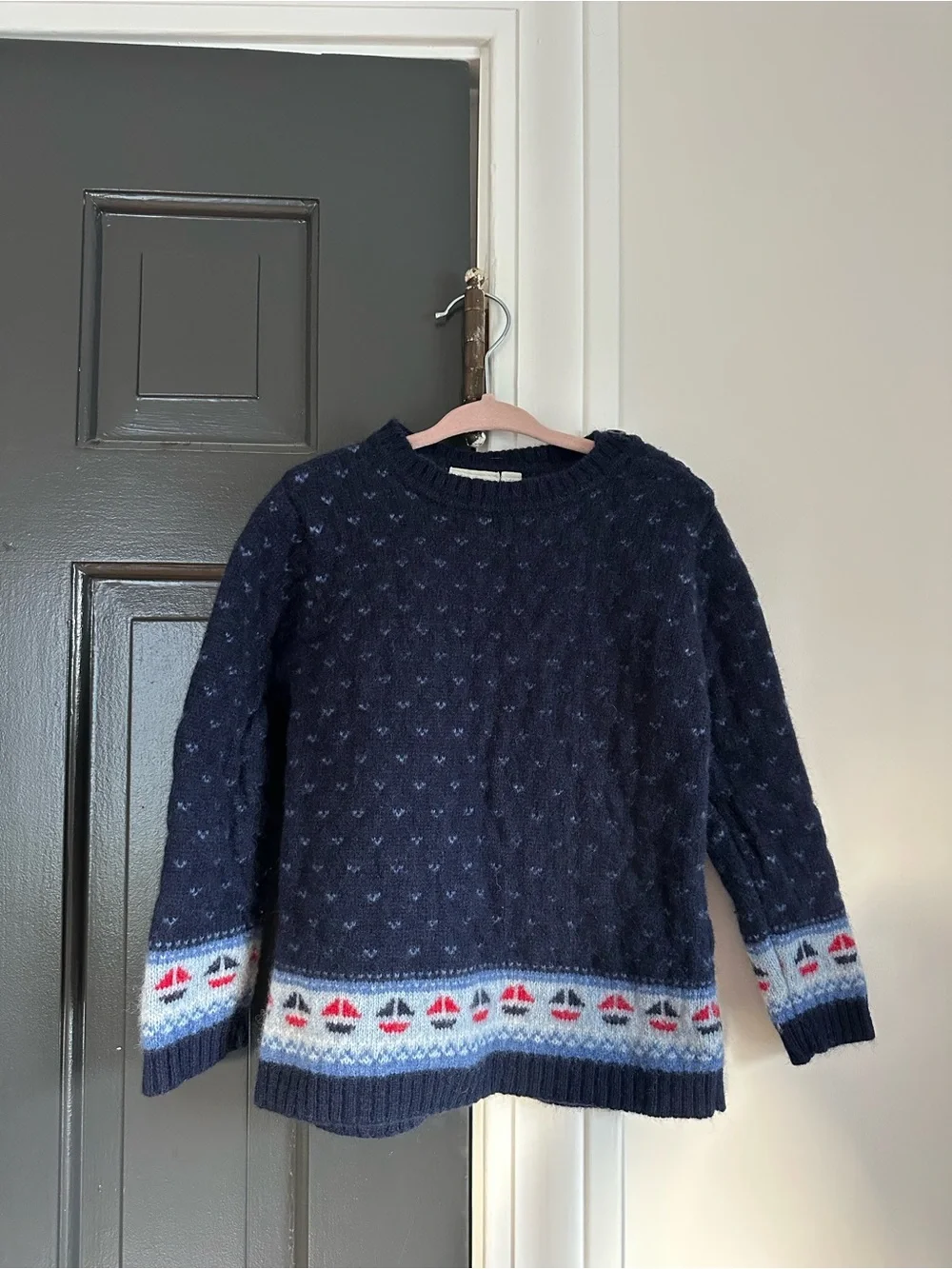 JoJo Maman Bébé Navy Lambswool Sailboat Fair Isle Sweater 3–4Y